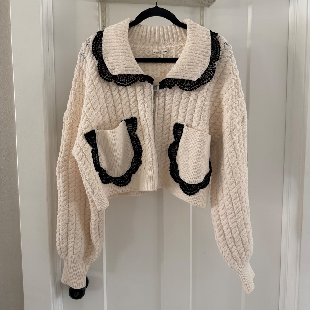 NWT For Love & Lemons Tierra Knit‎ Jacket Cream Chenille Cable Lace Collared S
